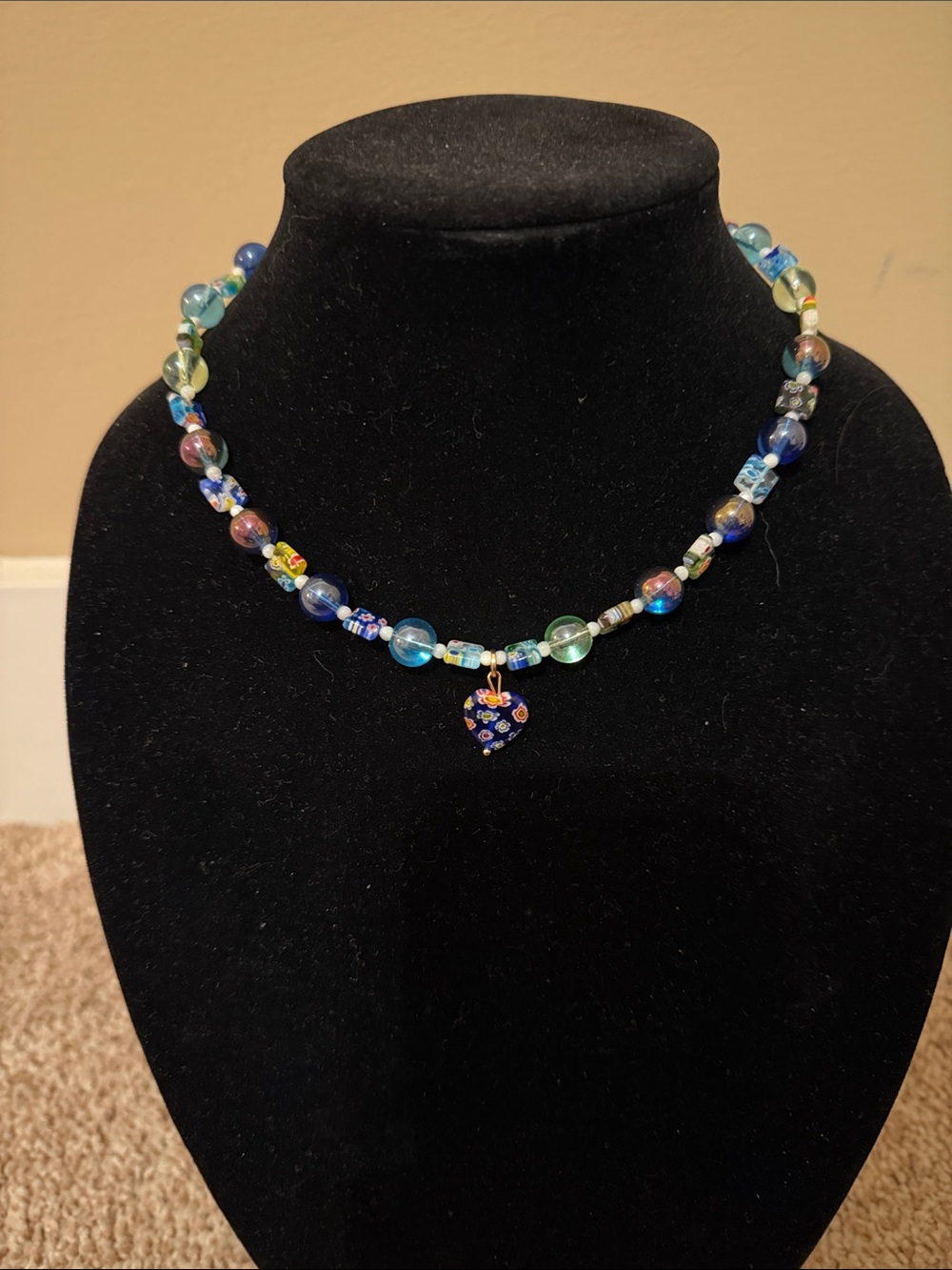 Glass Bead Heart Pendant Necklace in Blue and Aqua